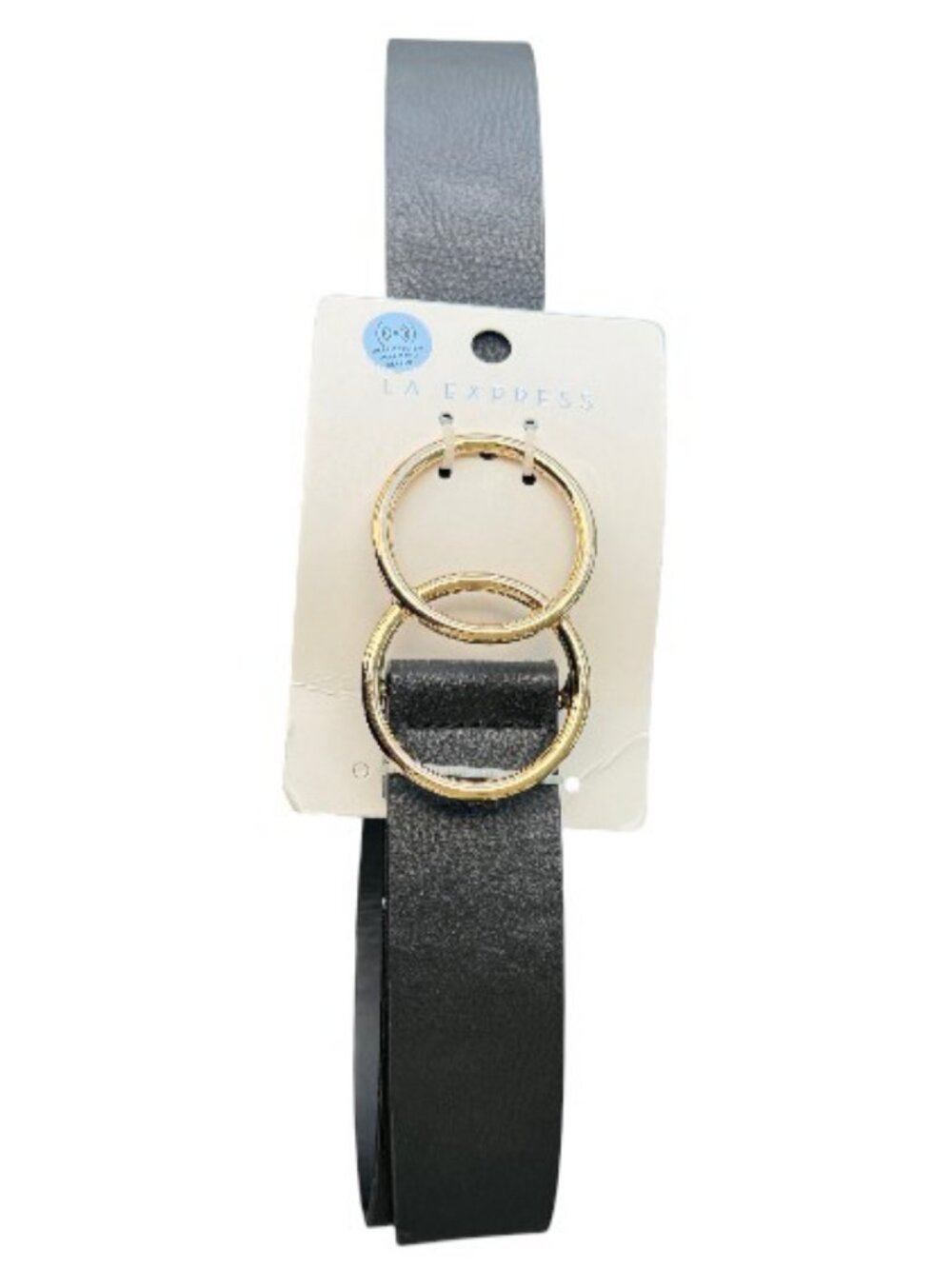 LA Express double O-ring buckle faux leather belt black gold women's size M NWT
